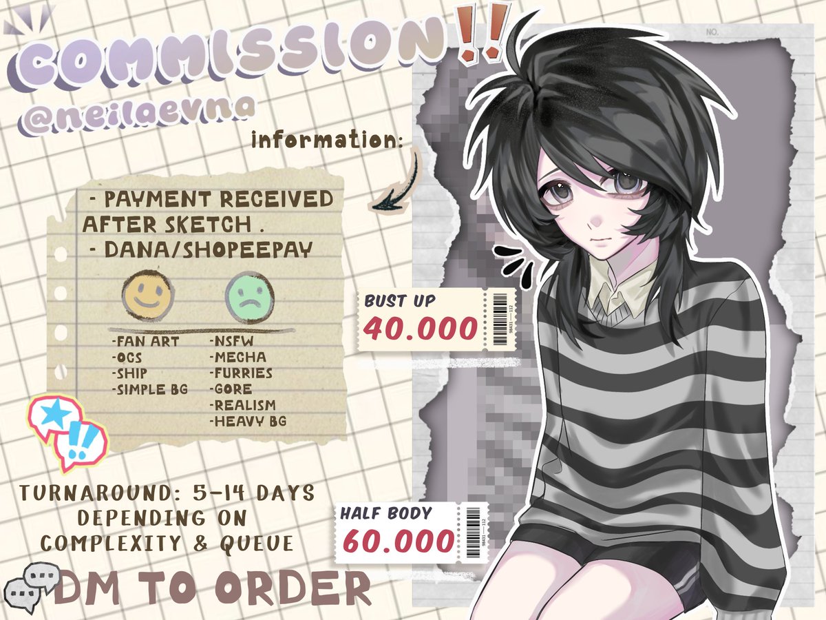 neilaevna's tweet photo. COMMISSIONS OPEN!! ✨

akhirnya buka comms lagi hehe
🇮🇩 Indonesia only for now!
Chibi + bust/half body available
Price &amp; TOS(?) ada di gambar yaa!
💸 DANA / ShopeePay
⏳ 5–14 days
💌 DM to order
RTs are appreciated! 🙏🏻
#cms #commissionopens #artmoots #ilustration https://t.co/Go0uMSpsFz