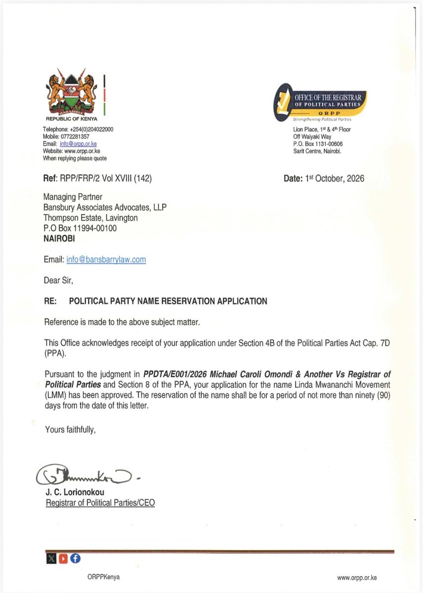 CaroliOmondi's tweet photo. Linda Mwanainchi Movement name is approved. 

We applaud the Registrar of Political Parties for complying with the Court Orders timeously. It is time to amend the Political Parties Act and the Elections Act to remove all the unconstitutional provisions that are designed to serve https://t.co/LfPZlD1EJm