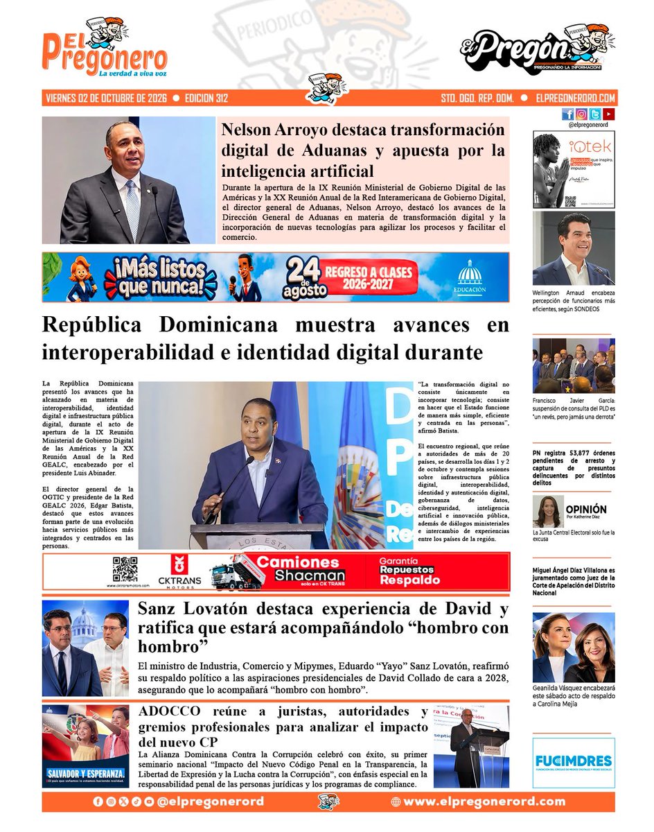 ElPregoneroRD's tweet photo. Esta es la portada de El Pregón y El Pregonero de este viernes 2 de octubre del 2026.
https://t.co/cZhFm4IF6W
#ElPregoneroRD
#ElPregon
#portadadeldía
#portadadeldía🗞️ https://t.co/HEB9IOfUeP