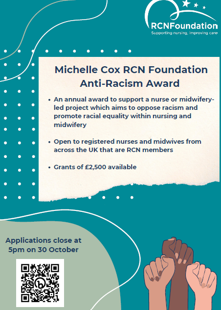 NIPEC_online's tweet photo. 📢 Applications are open for the Michelle Cox RCN Foundation Anti-Racism Award.
✅ £2,500 grant available
✅ Open to RCN member nurses &amp; midwives across the UK
✅ Supporting projects that oppose racism and promote racial equality in nursing and midwifery

⏰ Apply by 5pm, 30 Oct https://t.co/DEQvz1FjWL