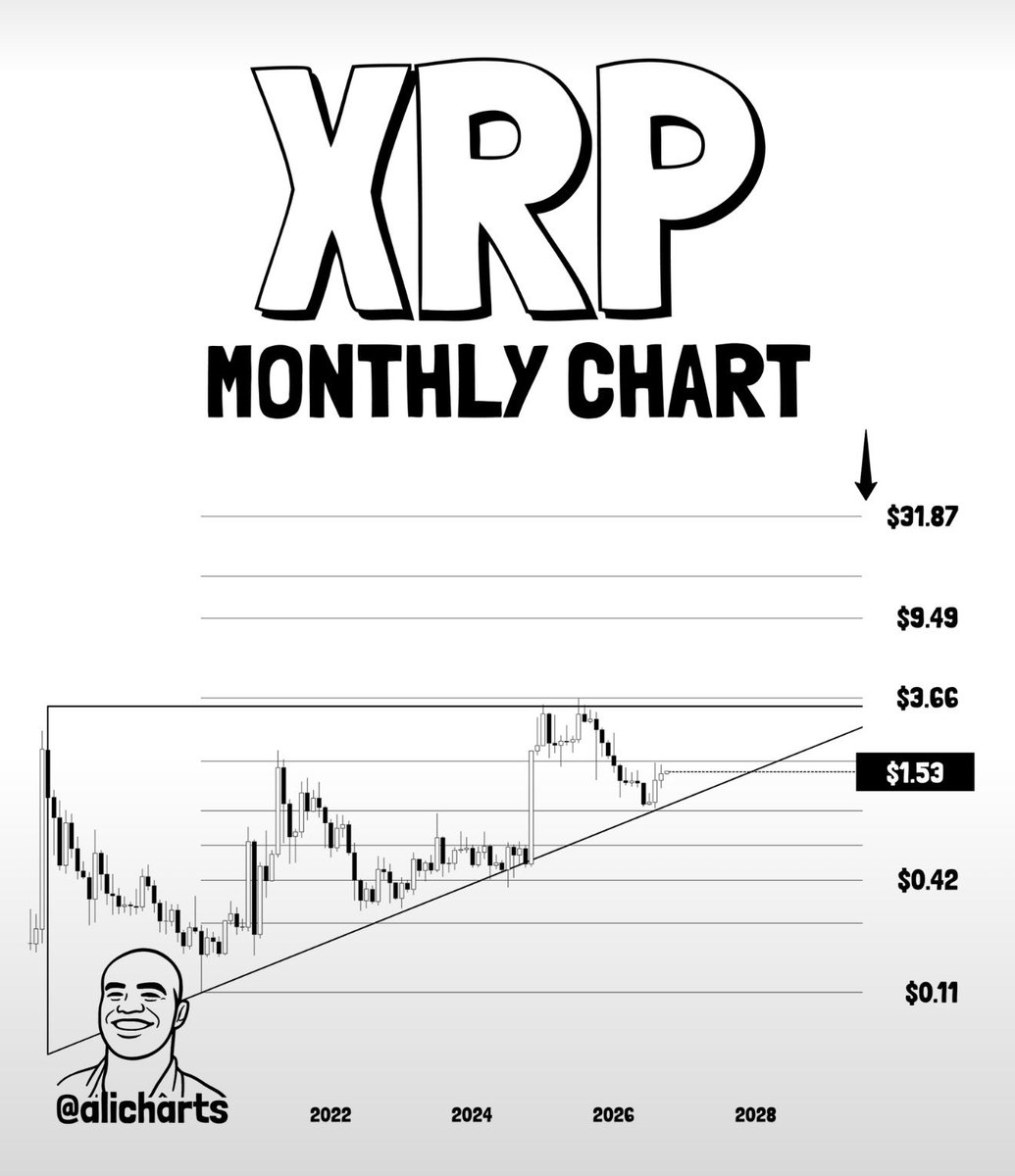 XrpUdate's tweet photo. $XRP TO $31.87?! 🤯

A MASSIVE ASCENDING TRIANGLE appears to be forming on the monthly chart.

🎯 KEY BREAKOUT LEVEL: $3.66
🚀 PROJECTED TARGET: $31.87

A confirmed monthly breakout could put a HUGE move into play.

BUCKLE UP. 💥📈 @alicharts https://t.co/sQF2mgwDJG