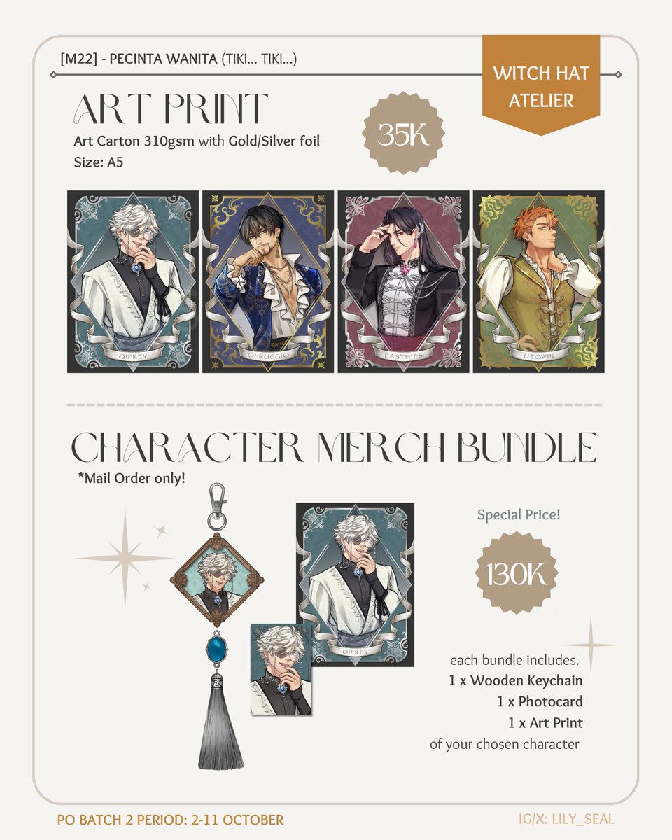 lily_seal's tweet photo. (1/3)《 🤎+🔄 appreciated! 》

Lilyseal's #CF23 batch 2 PO is open!! ✨️

⏱️ PO period: 2 - 11 october
🎁 pick-up &amp; mail order
📍 M22 - Pecinta Wanita (tiki... tiki...) 
🪾 WHA, Genshin, Ghibli, LADS (freebies)

⬇️ form links &amp; giveaway below ⬇️

#comifuro23 #cf23catalogue https://t.co/2VyG2EZMek