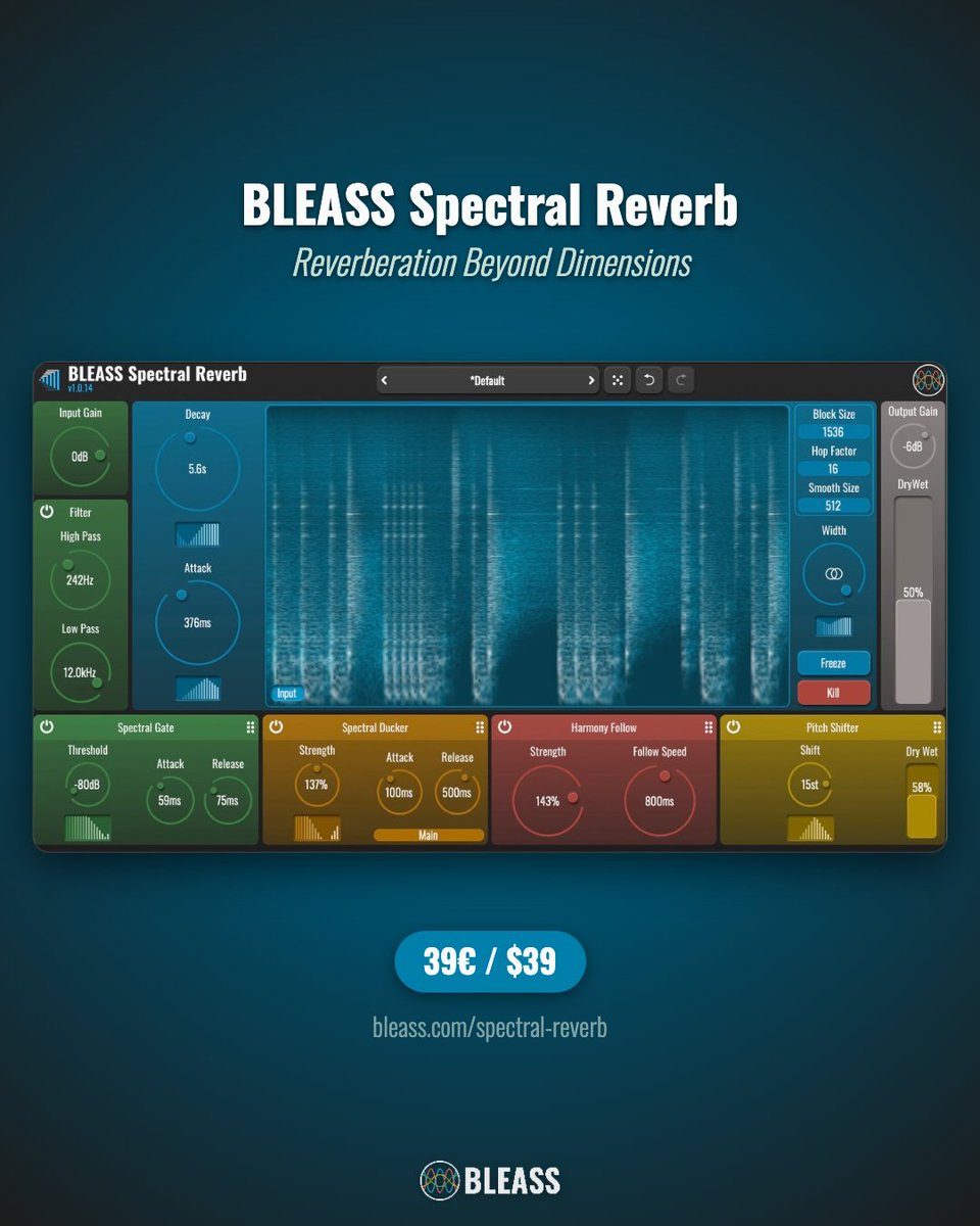 BLEASSapps's tweet photo. Spectral Maps in BLEASS Spectral Reverb let you paint how Attack, Decay, Width (and more) behave across the spectrum — swipe for ramps, peaks, or troughs. One gesture, frequency-shaped reverb.

BLEASS Spectral Reverb - Now available - https://t.co/vnZxHR6ehV https://t.co/avgkGXSppc