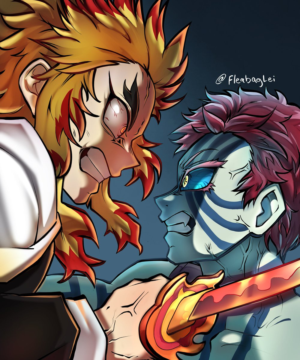 fleabaglei's tweet photo. Was rummaging through art from last October and found this study 

(I was HEAVILY inspired by the demonslayer fanart and scenes I saw on google, tried my best to recreate it as closely as possible.)
#Rengoku vs #Akaza https://t.co/VL8lSVdyCa