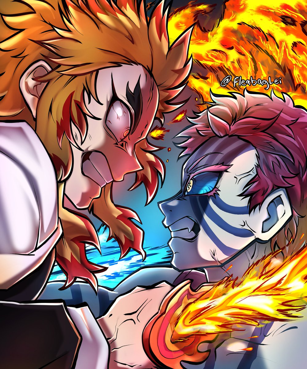fleabaglei's tweet photo. Was rummaging through art from last October and found this study 

(I was HEAVILY inspired by the demonslayer fanart and scenes I saw on google, tried my best to recreate it as closely as possible.)
#Rengoku vs #Akaza https://t.co/VL8lSVdyCa