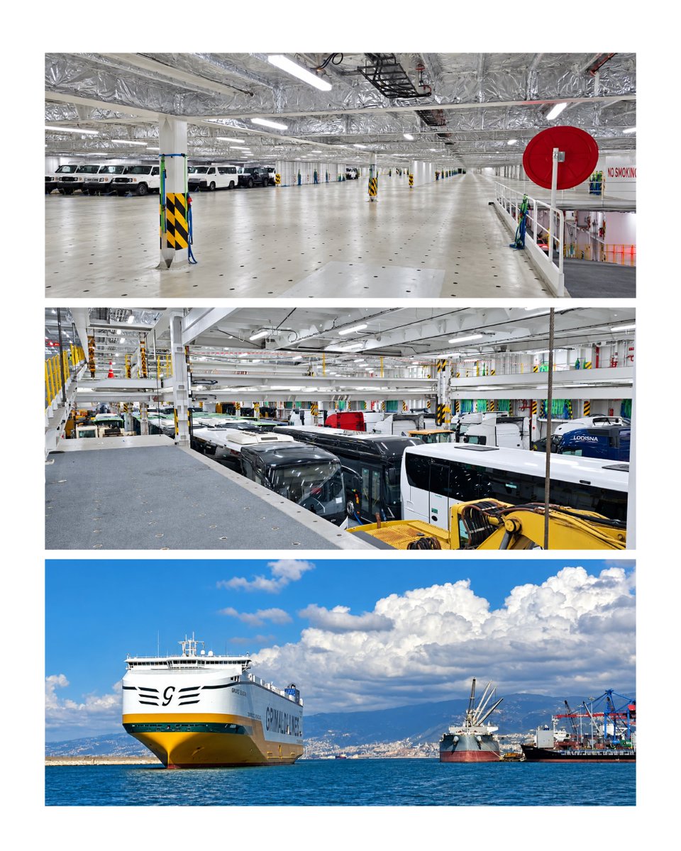 portdebeyrouth's tweet photo. A new generation of Grimaldi car carriers, now docked at the Port of Beirut, uses mega batteries while berthed, allowing onboard operations without running conventional engines.

#PortOfBeirut #Since1887 #MovingLebanonForward #SustainableShipping https://t.co/JBPZNLq2fB