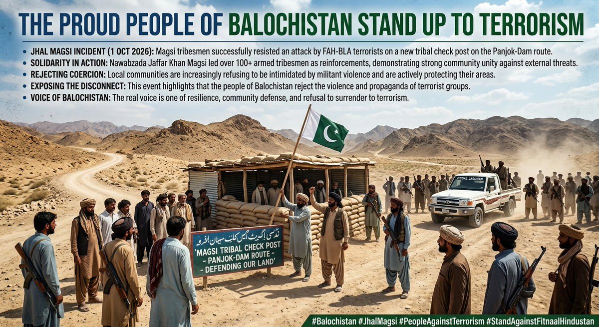 UpdateFlares's tweet photo. بلوچستان کے غیرت مند عوام نے دہشت گردوں کو کرارا جواب دے دیا۔ جھل مگسی میں مگسی قبیلے نے بی ایل اے کے بزدلانہ حملے کو ناکام بنا کر ثبوت دے دیا کہ بلوچستان کا ہر شہری امن اور دفاعِ وطن کے لیے متحد ہے۔  
​#Balochistan #JhalMagsi #PeopleAgainstTerrorism #StandAgainstFitnaalHindustan https://t.co/c8G8UburNq