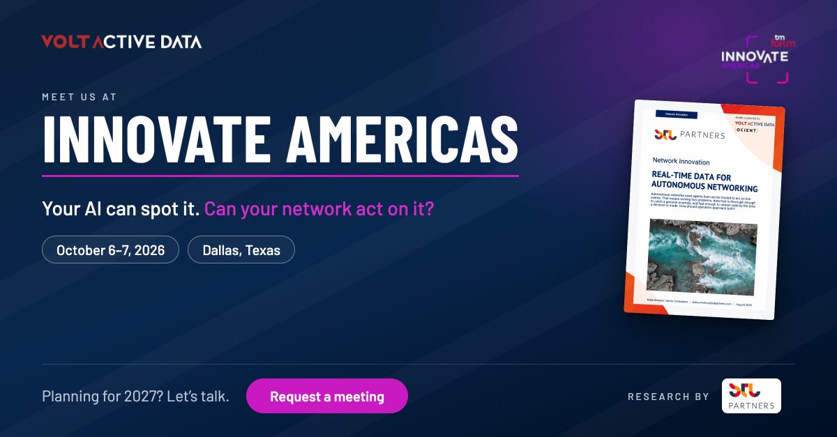 VoltActiveData's tweet photo. Meet Volt at #InnovateAmericas next week, Dallas, 6-7 Oct.   Your AI can spot it. Can your network act on it? @STLPartners: no live network deployment in this year's agentic AI announcements acted on sub-second data.

Book a slot: https://t.co/6VmhktcHTw

#TMForum #AgenticAI #InnovateAmericas