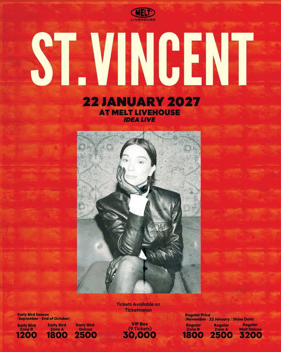 st_vincent's tweet photo. Bangkok! Can't wait to see you in January for Melt Livehouse at Idea Live. Tickets are on sale now! https://t.co/HzcIiwnxer https://t.co/w61PfMZ0gA