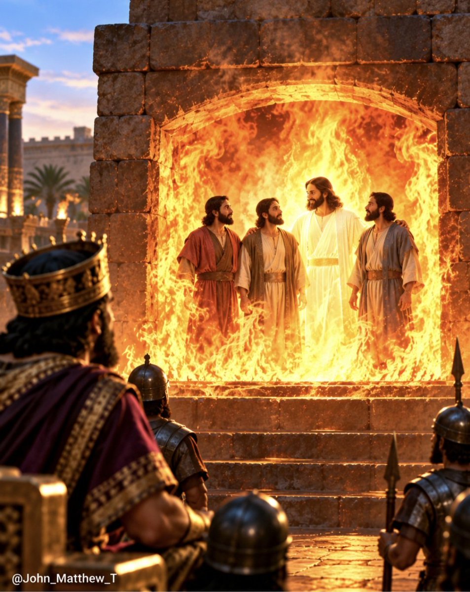 John_Matthew_T's tweet photo. King Nebuchadnezzar ordered everyone to bow down to a golden image. But Shadrach, Meshach, and Abednego refused because they would worship God alone.

The king became furious and ordered them to be thrown into a blazing furnace. They knew God could save them, but they also made it clear that they would remain faithful even if He did not.

“Our God whom we serve is able to deliver us from it.”
-  Daniel 3:17

The king looked into the furnace and saw not three, but four men walking around in the fire. God was with them, and they came out without being burned.

Their faith reminds us that following God doesn’t mean we will never face the fire. It means we don’t face it alone...