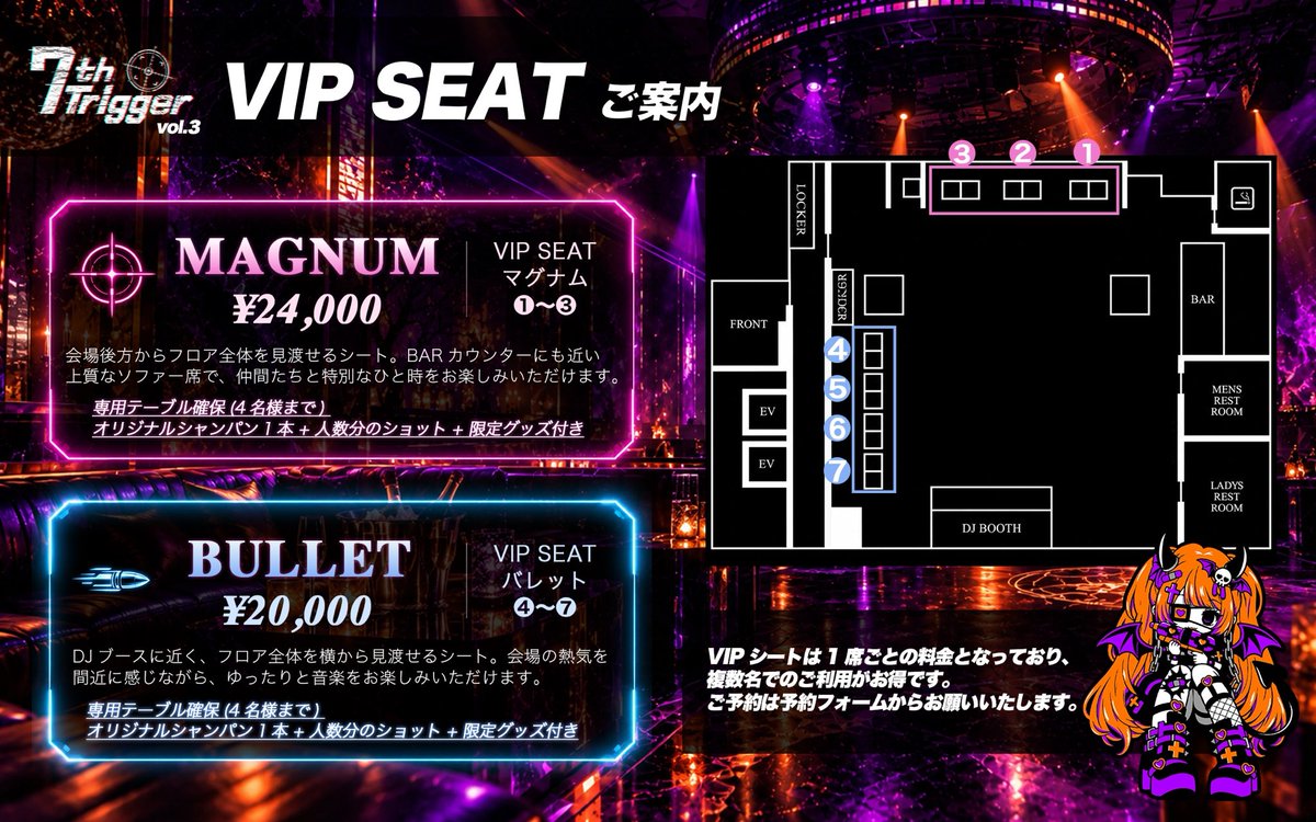7th_Trigger_0's tweet photo. 👑VIP席のご案内👑
今回の #セブトリ では、2種類のVIP席をご用意✨

どちらのお席も
🍾オリジナルシャンパン1本
🥃人数分のショット＋限定グッズ
をプレゼント🎁

4名席となりますので複数名でのご利用がお得⭕️

数量限定のためご予約はお早めに！
ご予約はこちらから⬇️
https://t.co/jnmGrK9p5N https://t.co/TmwvMa4p4h