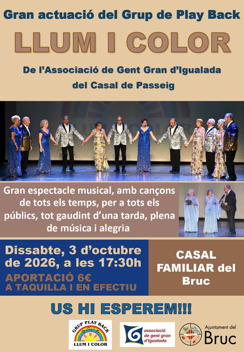 AjElBruc's tweet photo. 📢Gran actuació del Grup de Play Back Llum i Color al Bruc🎶✨El Casal Familiar del Bruc acollirà un espectacle musical amb cançons de tots els temps.

📅Dissabte 3 d’octubre
🕠17.30 h
📍Casal Familiar del Bruc
🎟️Aportació: 6 €

Us hi esperem!🎤

#ElBruc

https://t.co/2Uml7XDkI6 https://t.co/rqbep8C804