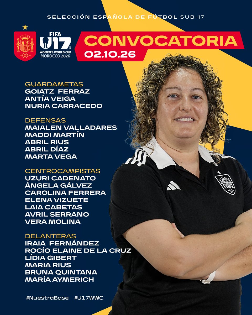 SEFutbolFem's tweet photo. 🔴 ¡Estas son las 𝟮𝟭 𝗲𝗹𝗲𝗴𝗶𝗱𝗮𝘀 por Mila Martínez para disputar el #U17WWC!

🛤️ El camino a 𝗠𝗮𝗿𝗿𝘂𝗲𝗰𝗼𝘀 empieza aquí.

🗓️ Lunes, 5 de octubre.
🚩 Málaga.

🔗 𝗖𝗢𝗡𝗩𝗢𝗖𝗔𝗧𝗢𝗥𝗜𝗔: https://t.co/M2zU1IZAsj

#NuestraBase https://t.co/i6beTHc0HV