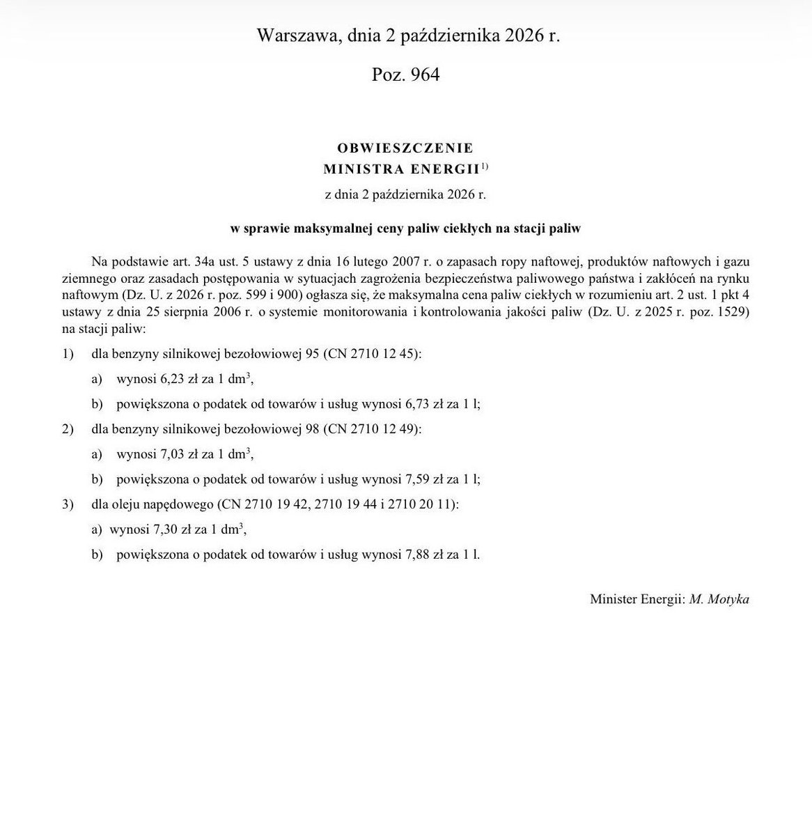 motykamilosz's tweet photo. Obwieszczenie w sprawie maksymalnych cen paliw zostało opublikowane. Pakiet #CenyPaliwaNiżej wchodzi w życie. Od jutra na stacjach w całej Polsce będzie taniej! https://t.co/TxViAg6eLC