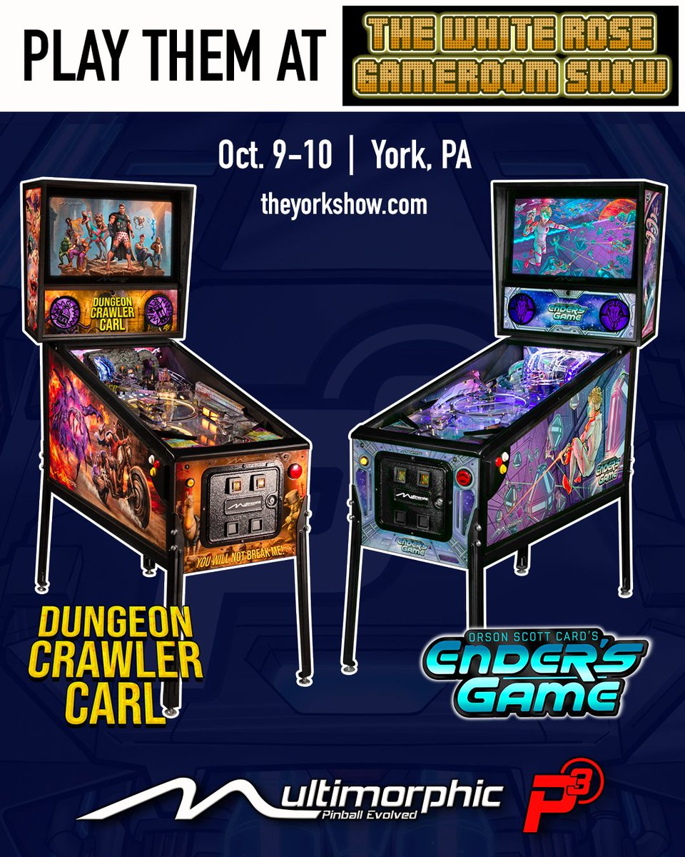 Multimorphic's tweet photo. One week until the White Rose Gameroom Show in York, PA! 

When you get to the show, head straight to the @faogames booth to play Dungeon Crawler Carl, Ender's Game and more!

➡️ https://t.co/iBHe7vAm9E

#Pinball #DungeonCrawlerCarl #EndersGame https://t.co/OwsGrtt4Rh