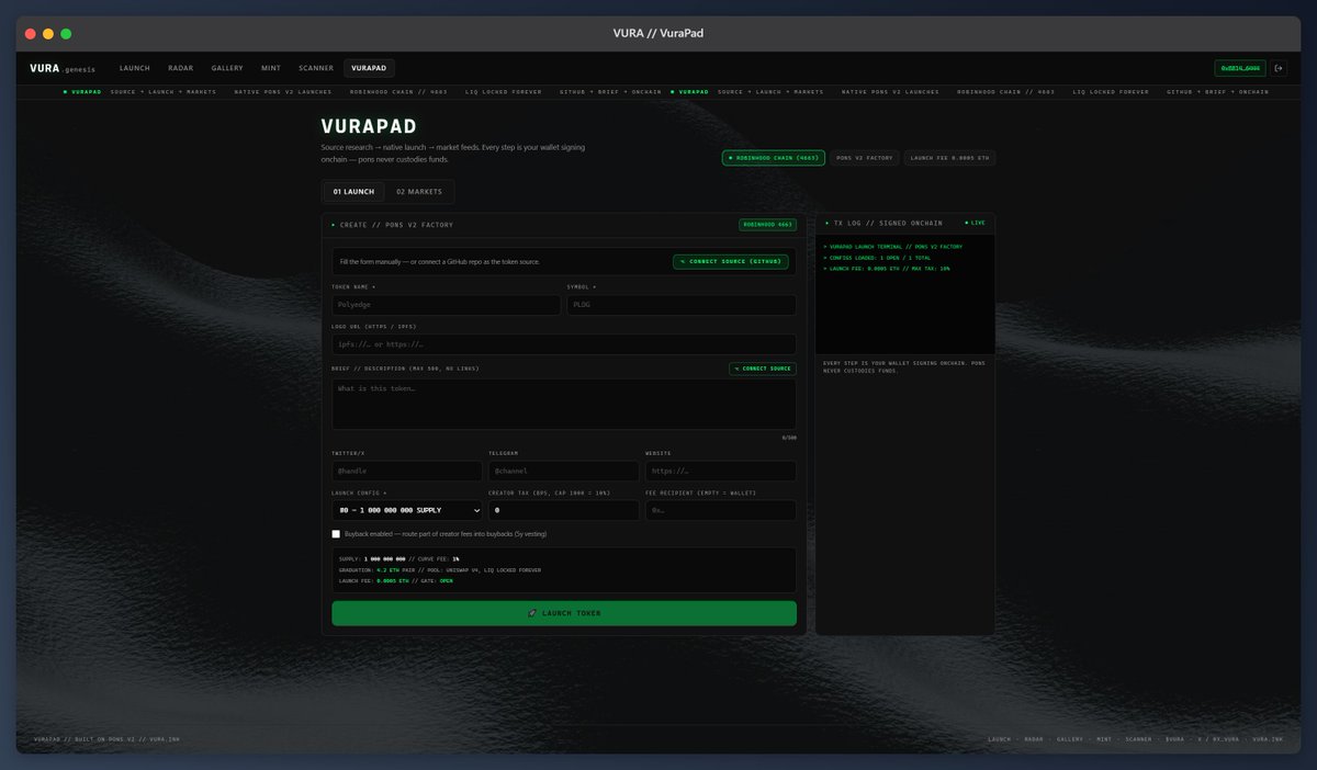 0x_Vura's tweet photo. They said "it's just a meme".

Meanwhile, we just finished deploying the VURAPAD core interface.🟢

• Native on Robinhood Chain (4663) - near-zero gas

• Powered by Pons v2 Factory

• Instant bonding curve + permanent liquidity lock

• Live on-chain telemetry & TX terminal

No vaporware. Pure execution.

Closed beta cohort goes live next.

 Are you holding $VURA?

https://t.co/2PKSqovKNc