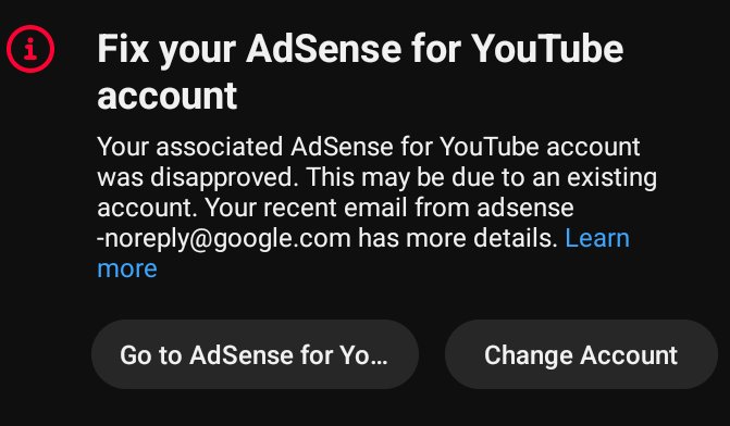 VeejayTube's tweet photo. My AdSense for YouTube was disapproved for “an existing account.” I checked all my Google accounts and can’t find any existing AdSense account. I created it directly through YouTube Studio and resubmitted after the first disapproval, but it was rejected again 2 weeks later. https://t.co/PRGZzAJlMw