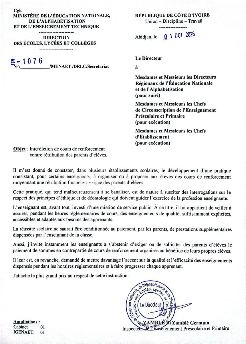 Cotedivoireoff_'s tweet photo. Les cours de renforcement payants sont désormais interdits dans tous les établissements scolaires. https://t.co/rGsJ1xXbBb