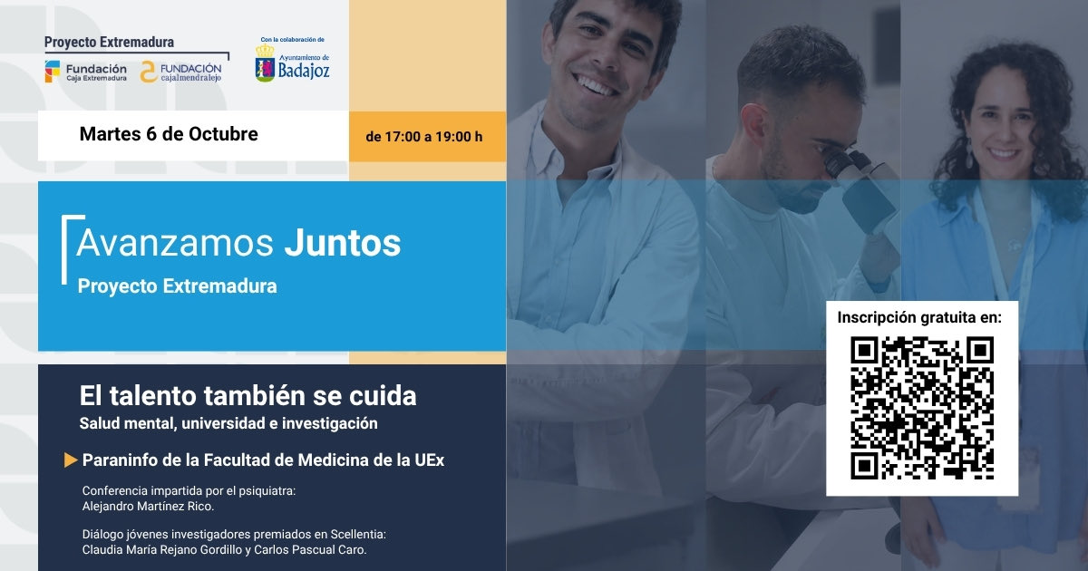 CarlitosRoca7's tweet photo. 🧠 🔬EL TALENTO TAMBIÉN SE CUIDA
Salud mental, universidad e investigación.
 
📅 6 de octubre | 17:00–19:00 h 📍 Paraninfo · Facultad de Medicina · Universidad de Extremadura · Badajoz 🎟️ Actividad gratuita hasta completar aforo
 
👉 Inscripción: https://t.co/GetHjyTbKW https://t.co/vuIBoSdduw