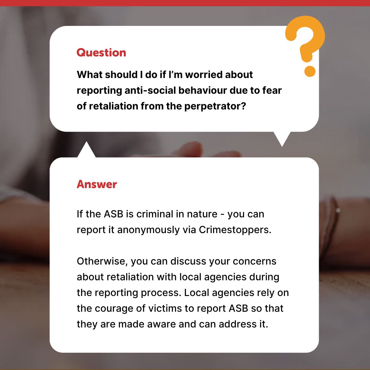 asbhelp's tweet photo. Reporting antisocial behaviour can feel difficult, especially if you're worried about retaliation. 

If you have concerns about your safety, let local agencies know when you report. Local agencies should take this into consideration and work with you to ensure your safety. https://t.co/LwNgtNk7A1