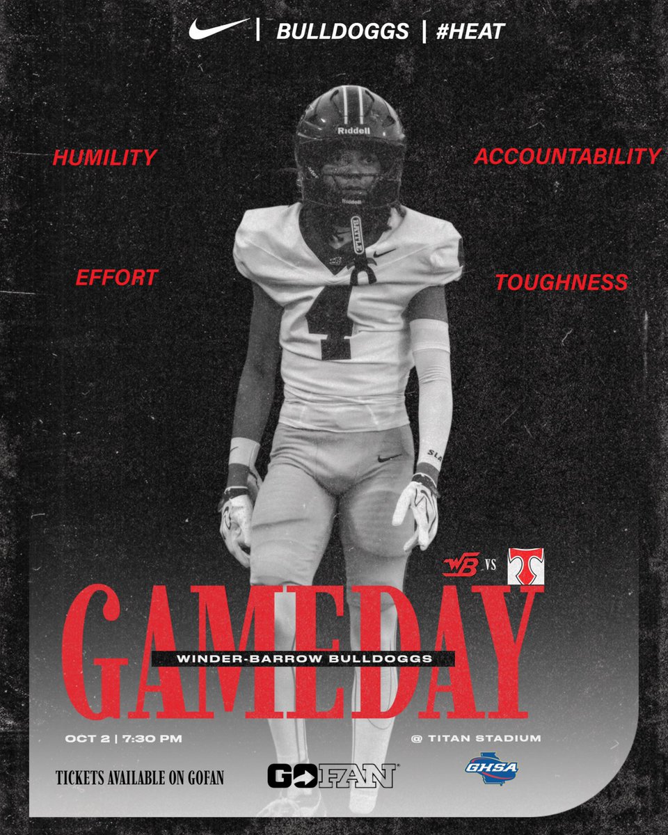 WBDoggsFB's tweet photo. Itโs GameDay!! We are back and we open Region play on the road against North Oconee.
๐ North Oconee
๐Titan Stadium
โ๏ธ7:30pm
๐๏ธ10/2/26
๐๏ธGoFan
#Humility
#Effort
#Accountability
#Toughness
#GoDoGGs โซ๏ธ๐ด๐ถ https://t.co/LqfA1ESKMQ