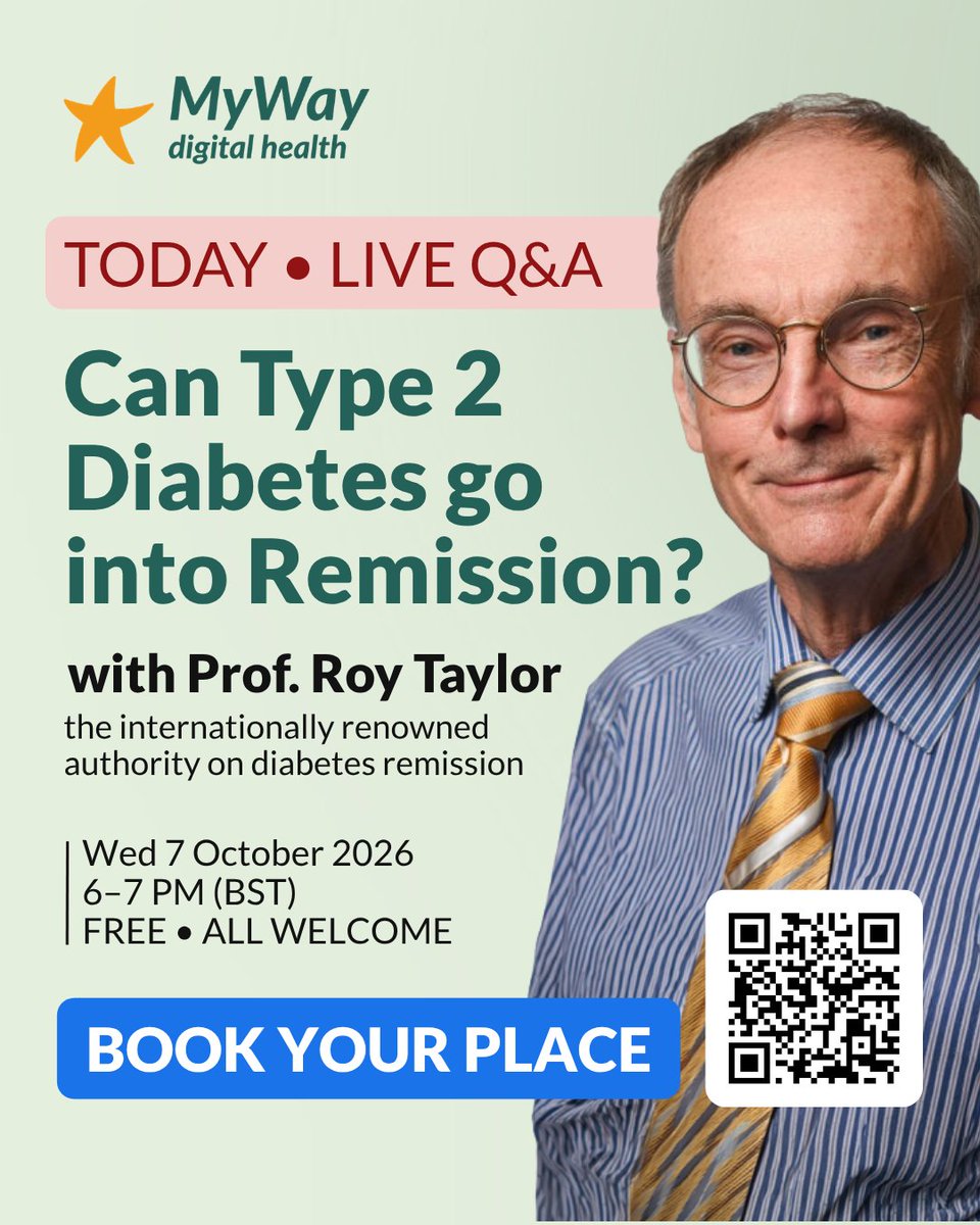 MyWayDigital's tweet photo. Have a question about type 2 diabetes remission? 💬
Prof Roy Taylor and diabetes experts are answering your questions live today, Wed 7 Oct, 6–7pm BST.

✅ Free • All welcome
👇 Book your place
https://t.co/uTqSNKl10z

#Type2Diabetes #GBdoc https://t.co/pCYxEkm7Zw