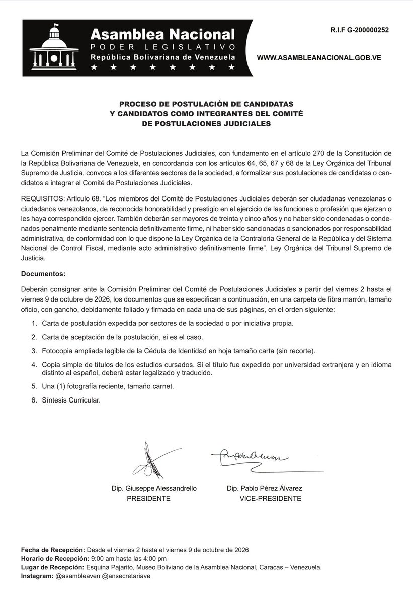 Asamblea_Ven's tweet photo. 🚨 ATENCIÓN 🚨

Inicia el proceso de postulación de candidatados y candidatas como integrantes del Comité de Postulaciones Judiciales. 

Conoce todos los detalles 👇👇👇 https://t.co/JMiJ0dpNR1