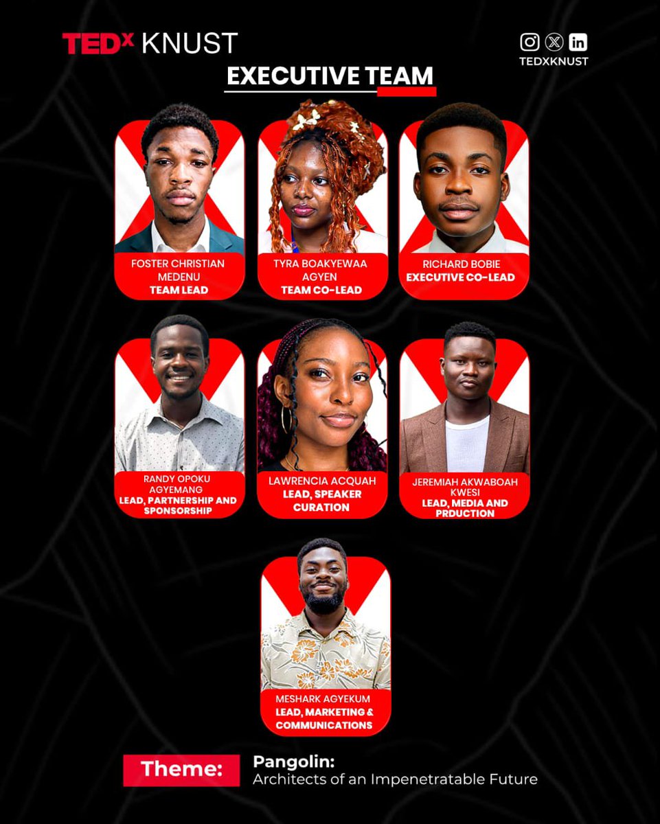 tedx_knust's tweet photo. NOW MEET THE ARCHITECTS BEHIND IT ALL. 👑

Introducing our Executive Team, the chief pangolins. The master planners.

They don't just lead. They envision, they anchor, they architect.

It all started with this huddle. The source of the impenetrable...

#TEDxKNUST https://t.co/YGYa3g2xLc