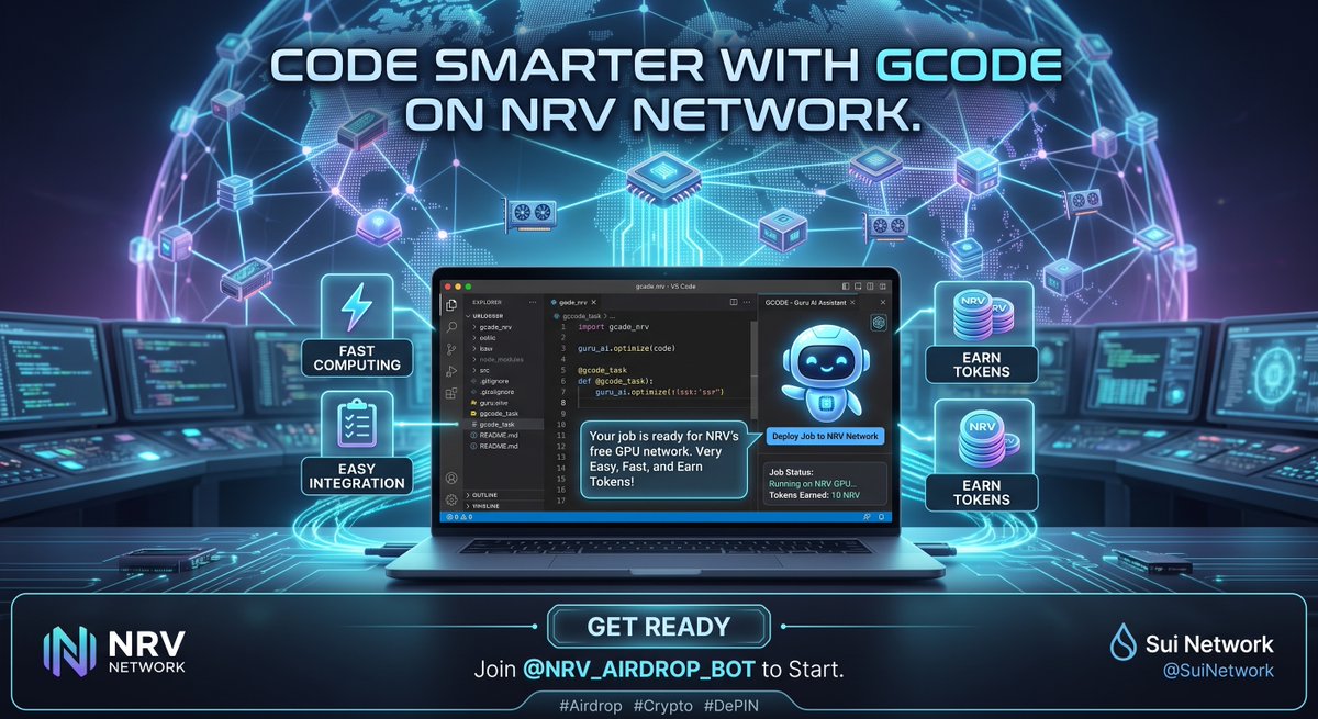 NirvanaMysia's tweet photo. Code smarter with GCODE on NRV Network. 

Guru’s AI works inside VS Code and runs jobs on NRV’s free GPU network.

Very Easy, fast, and you can easily earn tokens on NRV 

Get ready: https://t.co/jxGKh495f9
@SuiNetwork

#Airdrop #Crypto #DePIN #CryptoAirdrops #Giveaway #CryptoCommunity #Web3 #DePIN #AI #RWA