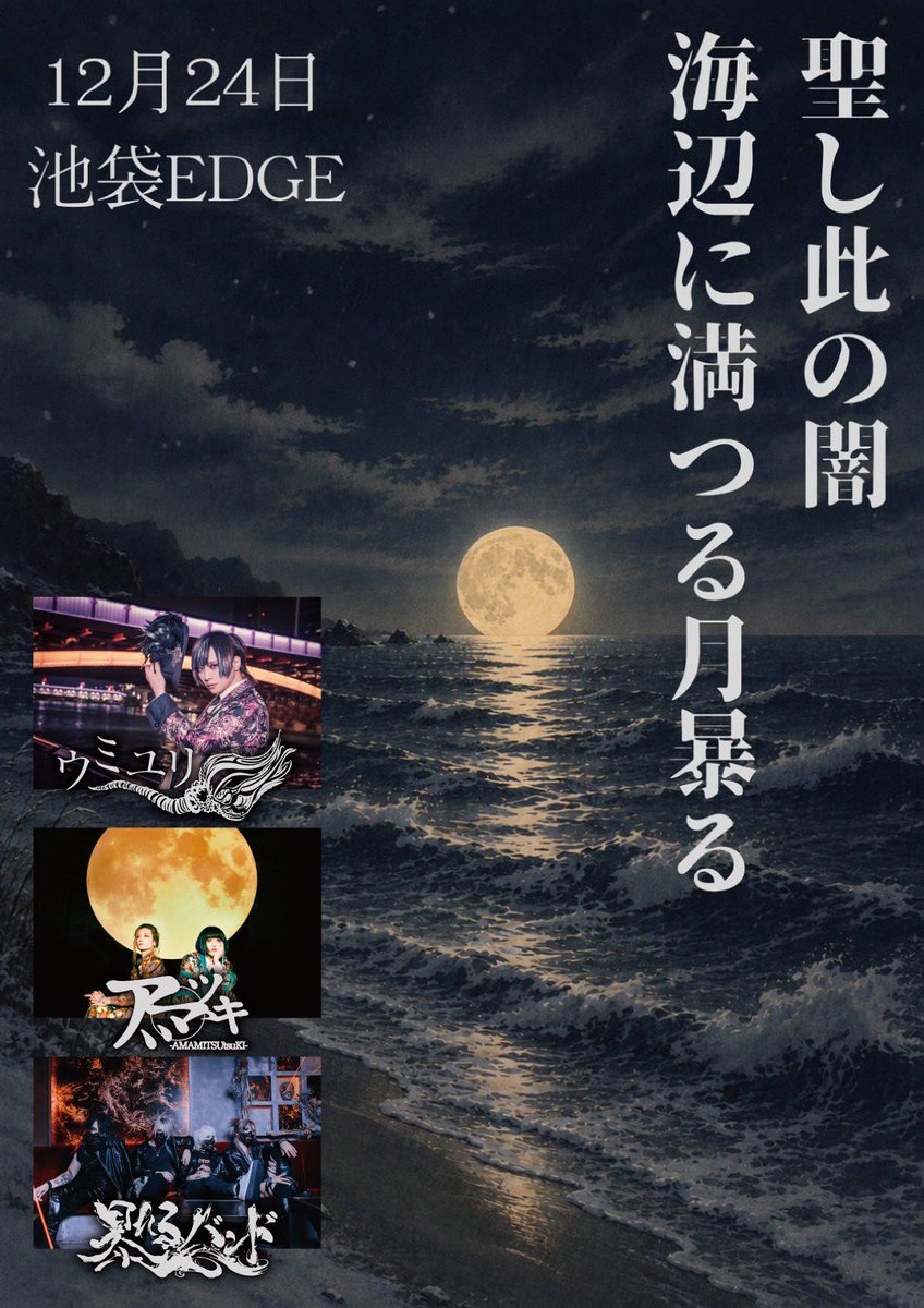 mayonakarecords's tweet photo. 明日10時~一般発売開始
12月24日(木)池袋EDGE
ウミユリ主催Xmas 3MAN Live
「聖し此の闇、海辺に満つる月暴る」

出演 
アマミツゝキ support Gtマヤママユ(DaizyStripper,the god and death stars)&amp;Ba ヒロム / ウミユリ / 暴れるバンド

OPEN/START 17:30/18:00
ADV/DAY ¥5,000/¥5,500 https://t.co/LNlruzjEIe
