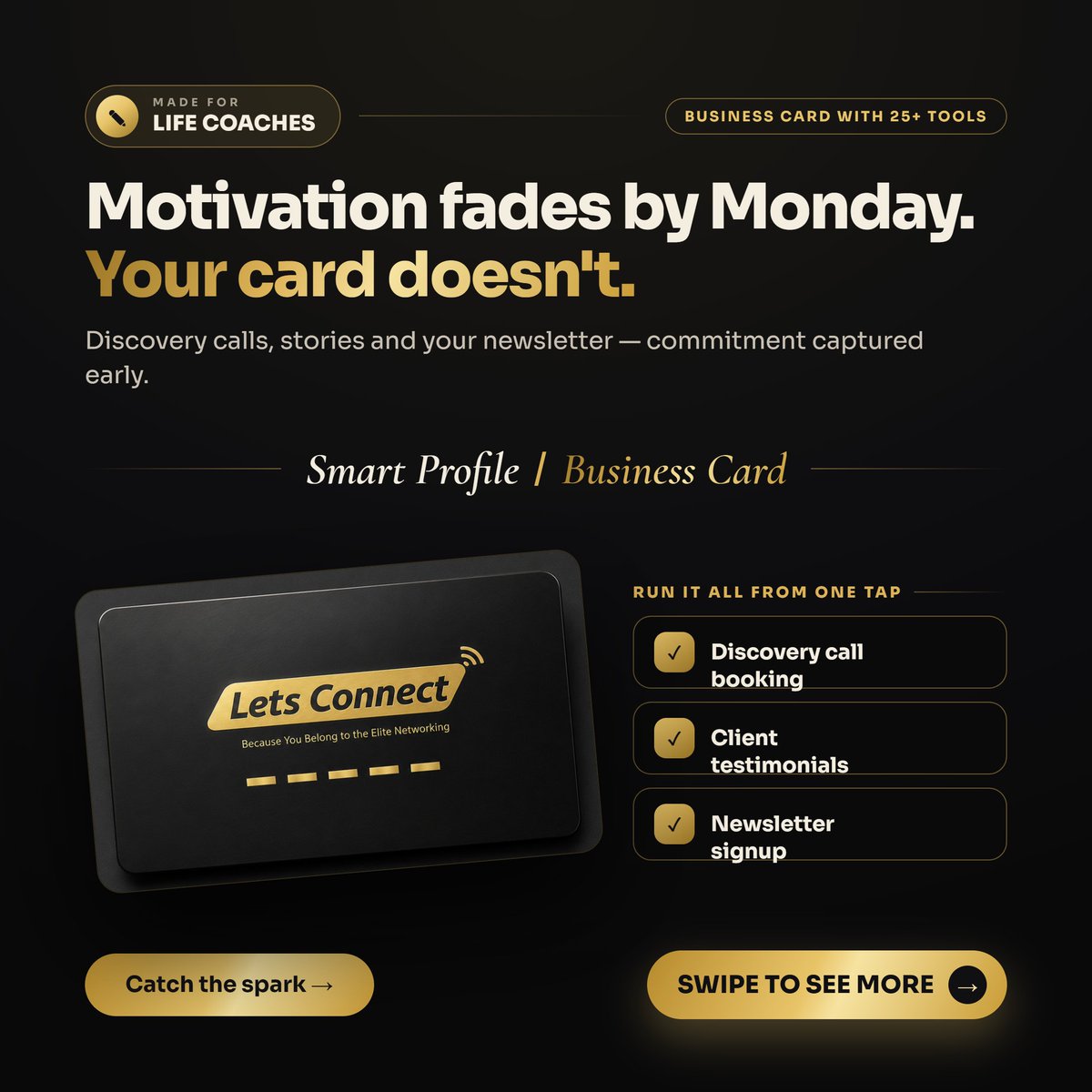 letsconnectcard's tweet photo. Motivation fades by Monday. Your card doesn't. ✨

Discovery calls, stories &amp; your newsletter — commitment captured early.

£49 lifetime at letsconnectcard

#Coaching #NFCBusinessCard https://t.co/kcZcbn75de