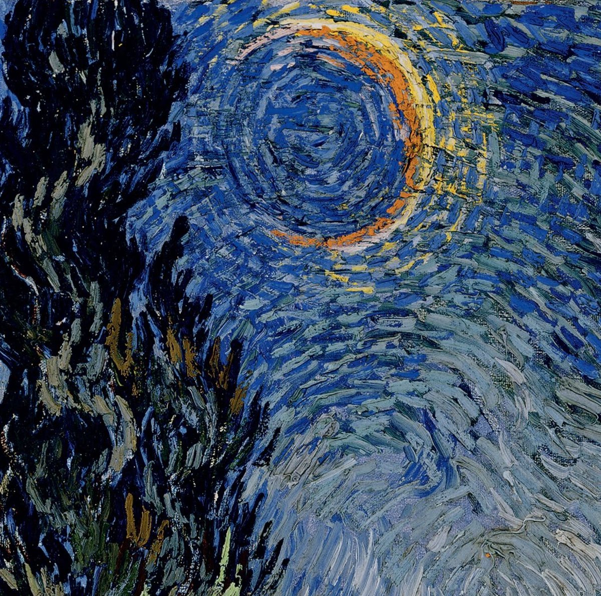 vangoghmuseum's tweet photo. Vincent’s moons 🌚🌛🌜🌝  ‘It often seems to me that the night is much more alive and richly coloured than the day,’ Vincent wrote to his brother Theo, 

1 detail of ‘A Walk at Twilight’, 1889/1890 © MASP
2 detail of ‘Cypresses’, 1889 © MET
3 detail of ‘Country Road in Provence by Night’ 1890 © Kröller-Müller Museum
4 detail of ‘The Starry Night’, 1889 © MoMa