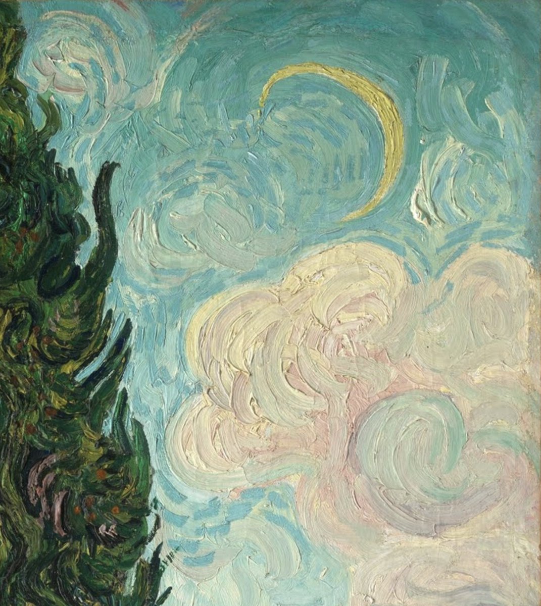vangoghmuseum's tweet photo. Vincent’s moons 🌚🌛🌜🌝  ‘It often seems to me that the night is much more alive and richly coloured than the day,’ Vincent wrote to his brother Theo, 

1 detail of ‘A Walk at Twilight’, 1889/1890 © MASP
2 detail of ‘Cypresses’, 1889 © MET
3 detail of ‘Country Road in Provence by Night’ 1890 © Kröller-Müller Museum
4 detail of ‘The Starry Night’, 1889 © MoMa