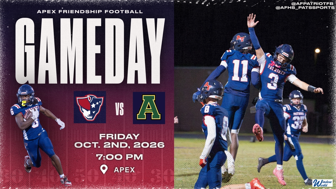 AFHS_PatsSports's tweet photo. It's time for a Backyard Brawl! Come out to Apex tonight to support @afpatriotfb 🏈 as they take on the Cougars! Be there! #PatFam #RepAFHS @afhs_pac @afhs_smm https://t.co/86pjHssLfn