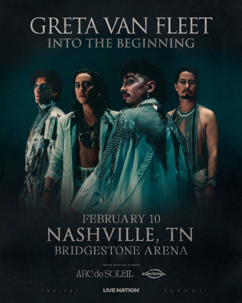 BrdgstoneArena's tweet photo. Greta Van Fleet’s INTO THE BEGINNING WORLD TOUR is coming to Bridgestone Arena on February 10th with special guests Arc De Soleil and Edgehill! Sign up now for the Artist Presale: https://t.co/xgD3SejROb https://t.co/tHE4T3l0dQ