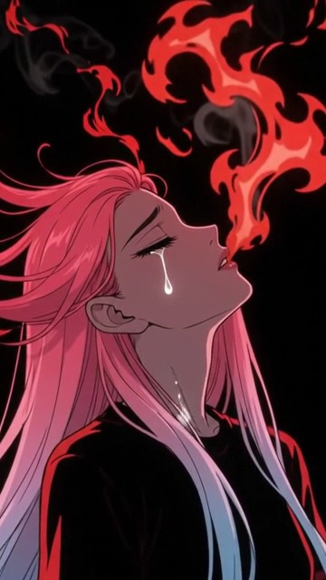 An anime-style illustration of a dark-skinned woman with long pink hair, eyes closed and crying, exhaling red flames and smoke against a black background.