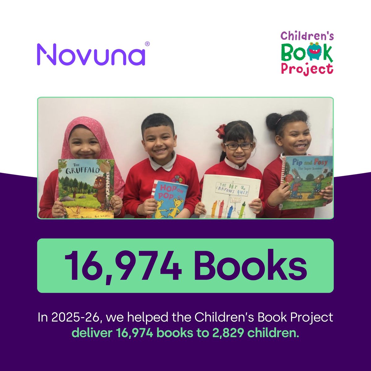_Novuna's tweet photo. Helping children discover the enjoyment of reading 📚

In 2025–26, our £15,000 donation and colleague book drive helped @lonbookproject deliver 16,974 books to 2,829 children across Birmingham and Leeds.

Every child deserves a story to get lost in 💜

#Novuna #Charity #Community https://t.co/Hs3OG8YlQ1