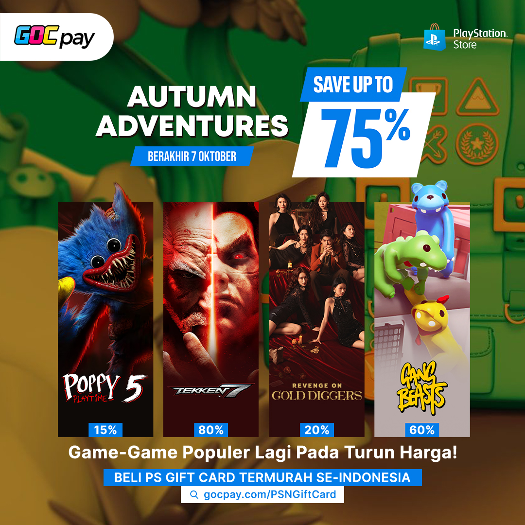 GOCpay's tweet photo. PlayStation Autumn Adventures Diskon Hingga 75% 👀 

Mau uji nyali di Poppy Playtime, adu combo di TEKKEN 7, atau rusuh bareng di Gang Beasts? Wishlist, waktunya beraksi. Beli PlayStation Gift Card di GOCpay! 

📆 Hingga 7 Oktober 2026 

#GOCpay #PlayStation #PlayStationSale https://t.co/K63tGhBTpW