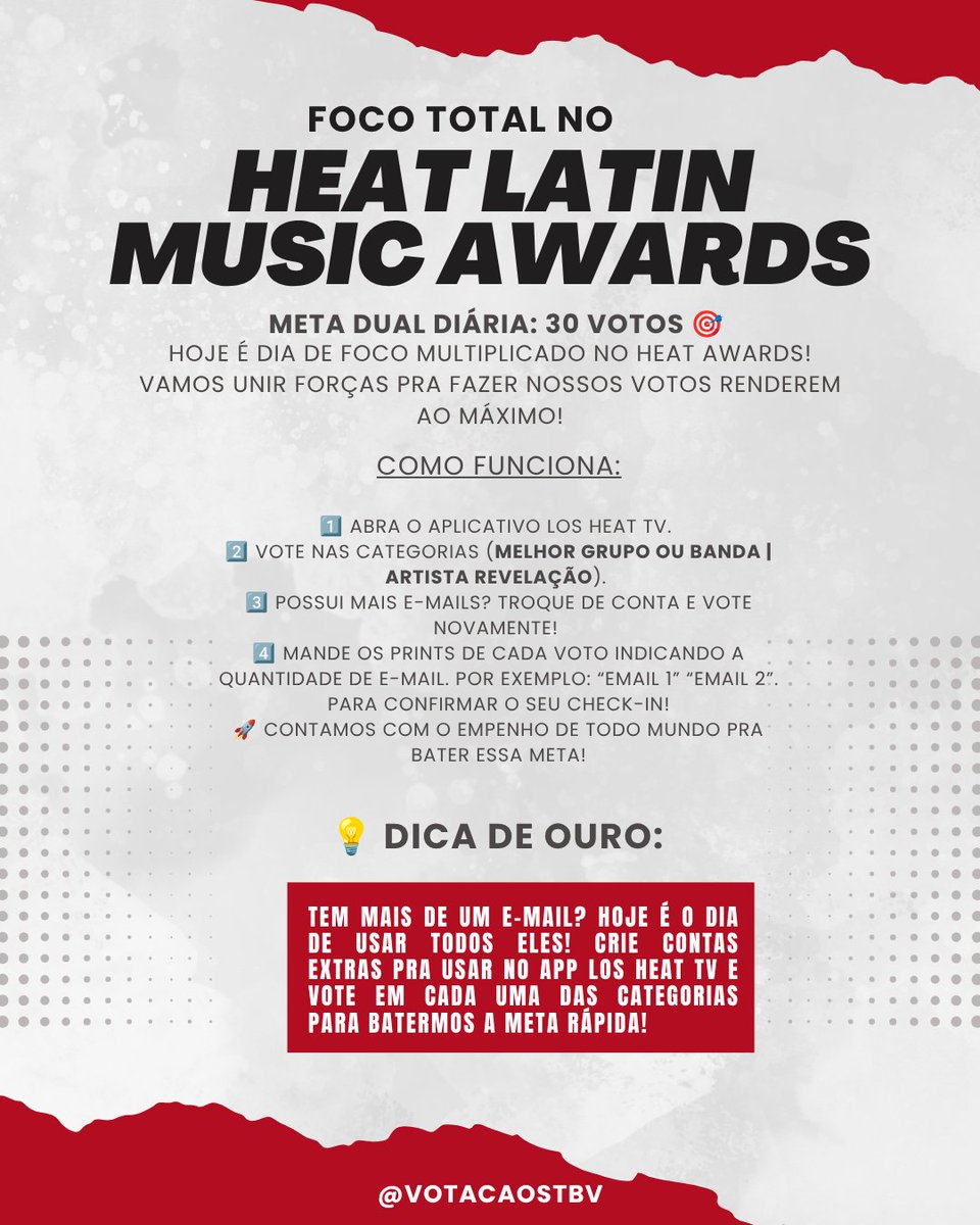 votacaostbv's tweet photo. 🚨 FOCO TOTAL NO HEAT AWARDS HOJE! 

🎯 META DO DIA: 30 VOTOS!
Tem mais de um e-mail? HOJE É O DIA DE USAR TODOS! Entre no app Los Heat TV com suas contas extras e vote nas nossas 2 categorias! 
📸 Não esqueçam de mandar o print de cada conta nesse post. https://t.co/WyaMlh7Amk