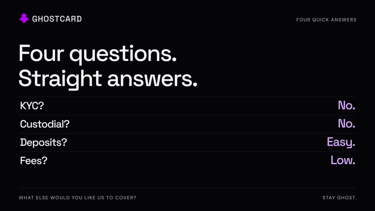 GhostcardApp's tweet photo. GhostCard, in four quick answers.

KYC? No.
Custodial? No.
Deposits? Easy.
Fees? Low.

What else would you like us to cover? https://t.co/uMiFuEinhU