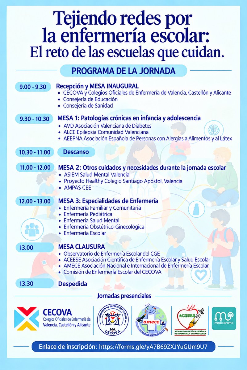 enfervalencia's tweet photo. 👉 ¡Te invitamos a la Jornada de Enfermería Escolar “Tejiendo redes por la enfermería escolar”!
📆 24 de oct 
🕘 9–14:00 h
📍 COENV Valencia
Para compartir experiencias y seguir construyendo escuelas saludables, inclusivas y cuidadoras. 💙
🔗 Inscríbete: https://t.co/LlHFGCQyIF https://t.co/PfXUVptEBG