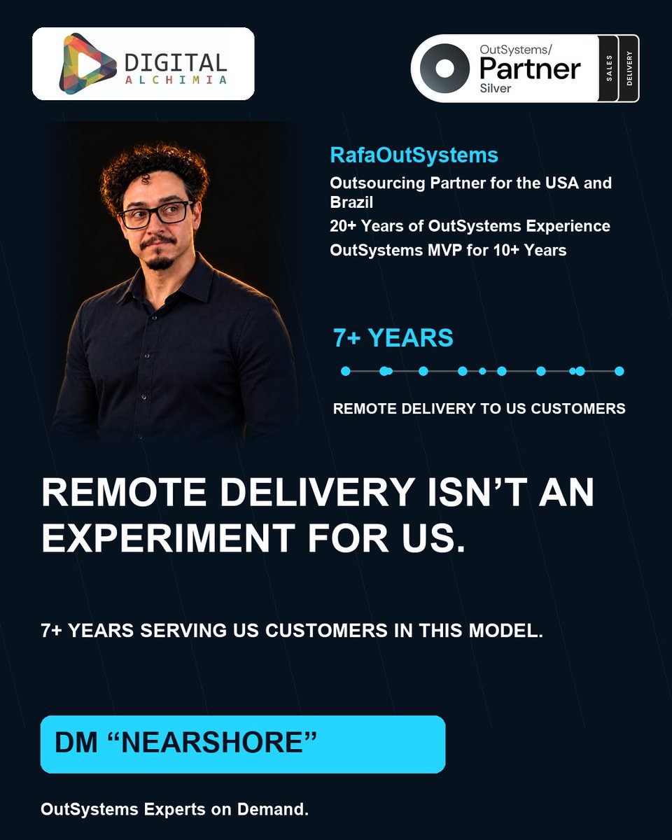 DAlchimia's tweet photo. REMOTE DELIVERY ISN’T AN EXPERIMENT FOR US.
7+ years supporting US customers remotely.
DM me NEARSHORE.
#OutSystems #DigitalAlchimia https://t.co/NzsUIwuaAP