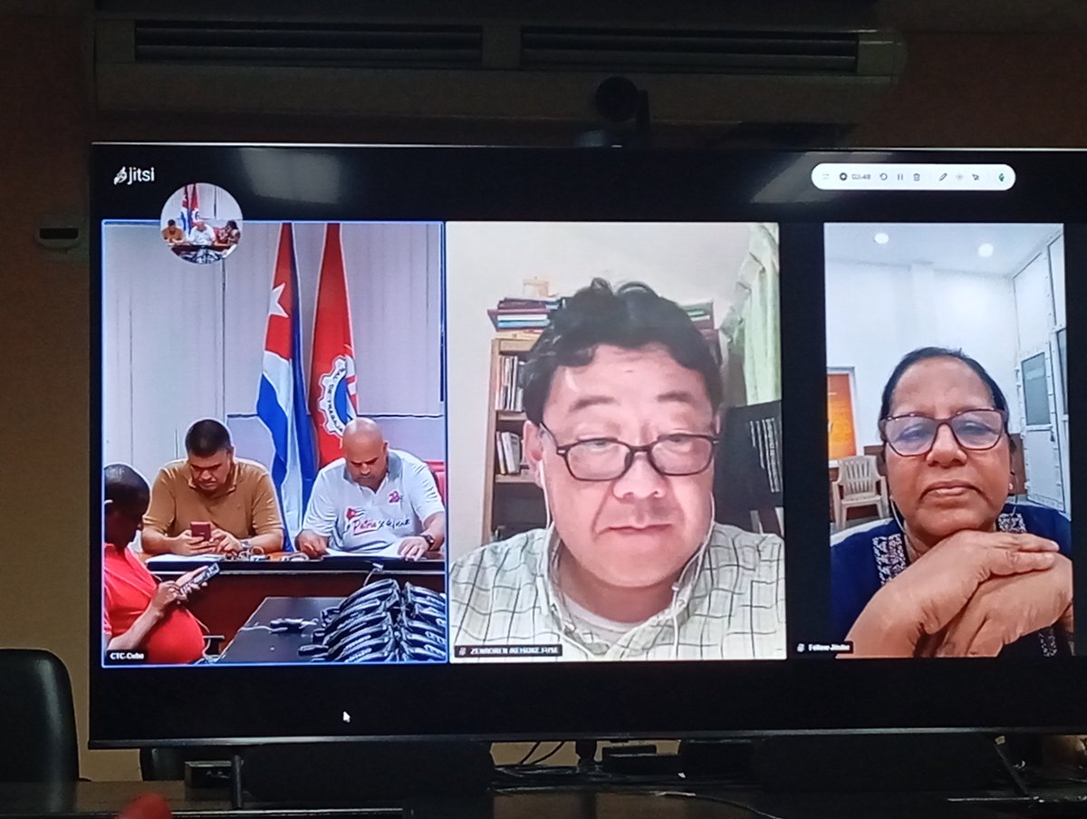 AmbarZamora1104's tweet photo. #CubaNoEstáSola así lo reflejan las organizaciones sindicales del mundo. Videoconferencia internacional con amigos de Asia y Oceanía que respaldan a #Cuba en vs del bloqueo. @Cuba_CTC @Colina_CTCuba @borisep646 @GonzalezBadia @SNTC_Cuba @Gertrudis6303 @DiazCanelB https://t.co/LoaQP0pfbB