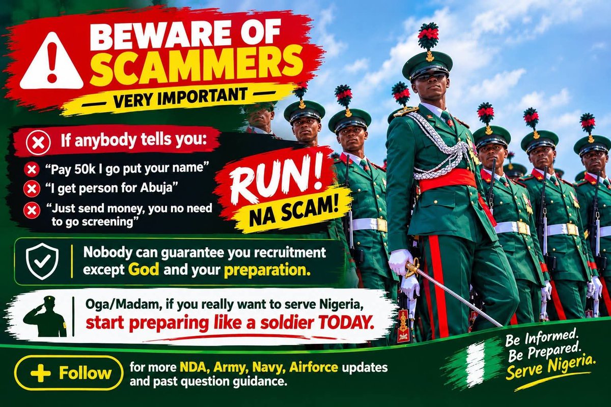 Rise_Forge's tweet photo. If you’ve been waiting for an opportunity to serve your country, this may be your time.

Don’t just be an online security expert only. Pick up the form, prepare yourself and join the 

 Nigerian Army🪖
 Nigerian Navy⚓
 Nigerian Air Force✈️

Serve. Learn. Build a career. https://t.co/CHcKpnUaMT