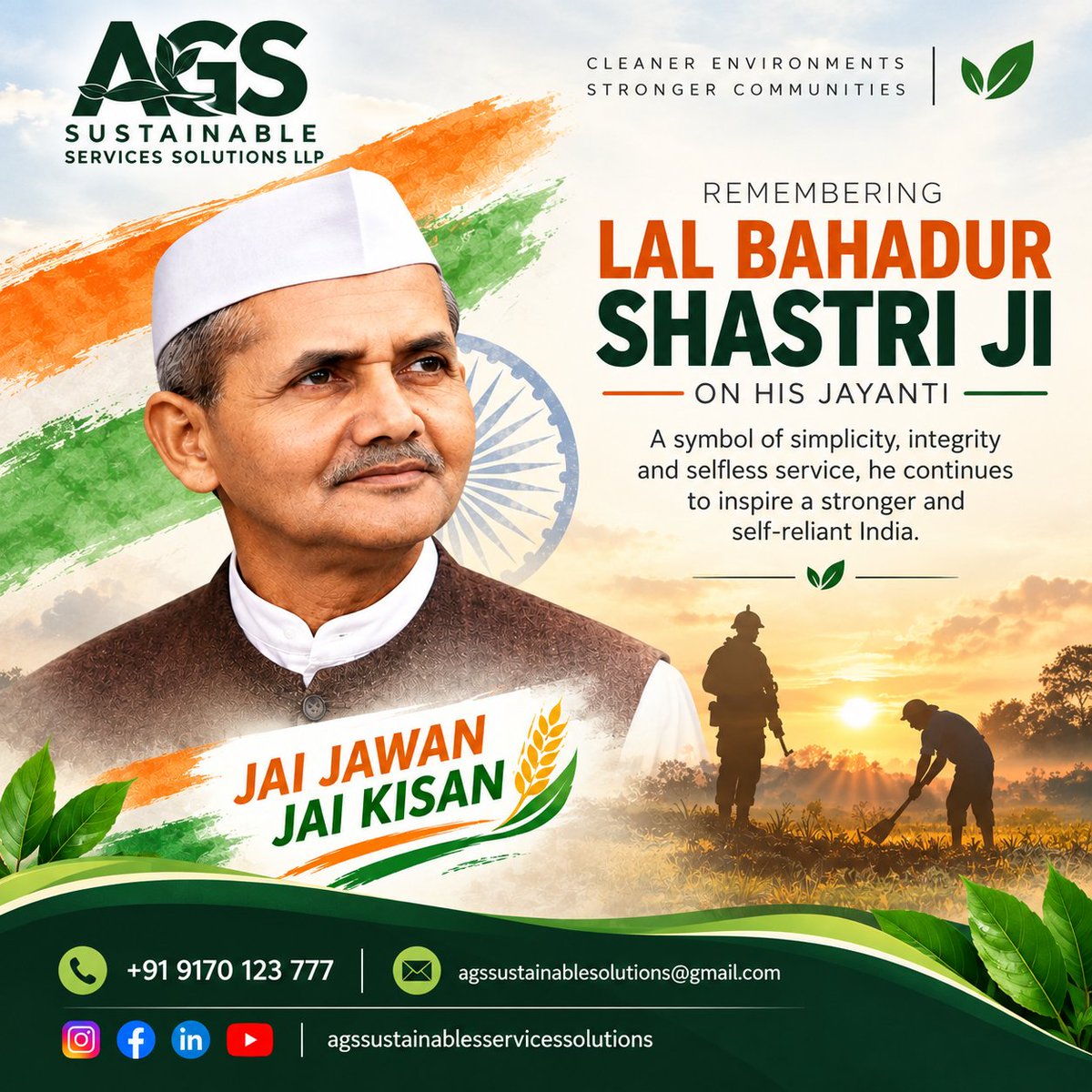 AgsLLP777's tweet photo. Remembering Lal Bahadur Shastri Ji on his birth anniversary 🇮🇳🙏
AGS Sustainable Services Solutions LLP pays heartfelt tribute to this great leader. 🇮🇳
#LalBahadurShastri #JaiJawanJaiKisan #BirthAnniversary #Tribute #NationFirst #AGSsustainable #SustainableIndia #India #JaiHind https://t.co/EMRn0EXs73