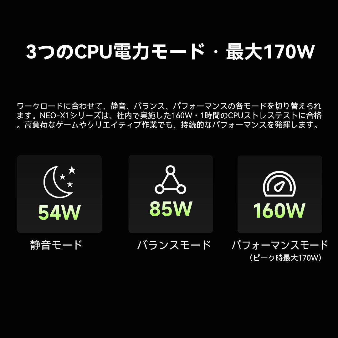 GMKtecJapan001's tweet photo. ❄️ 高負荷でもクールに。性能は妥協しない。

GMKtec NEO-X1 Proは、CPU一体型水冷システムと3基のファンによる冷却設計を採用。

🌙 静音 54W | ⚖️ バランス 85W | 🚀 パフォーマンス 160W（ピーク時170W）

💾 最大96GB DDR5 | ストレージ最大16TBまで拡張可能

#GMKtec #NEOX1Pro #ゲーミングPC https://t.co/OorQZ4vE4t
