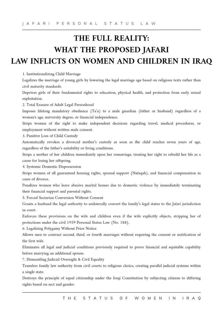 welcomngoodbye's tweet photo. Iraqi women are not safe. The law and society are against them, and their voices continue to be ignored.
Please take the time to learn about these laws and help us stand against the unjust Ja’fari law, which threatens the rights and well-being of women and children.#No_jafari_law https://t.co/P1oKEedC4P