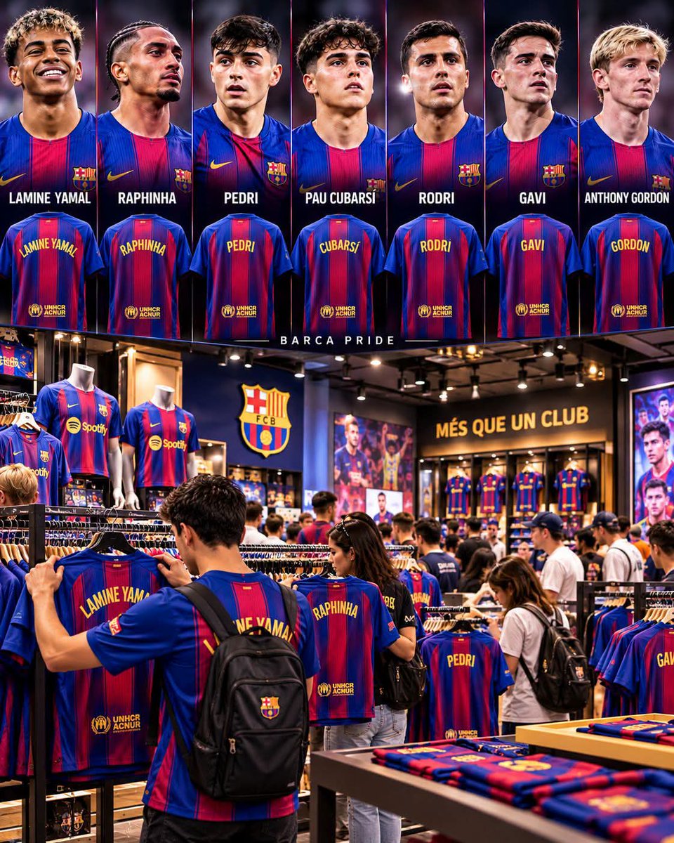 Mosharof221's tweet photo. 🚨🔵🔴 | 𝗕𝗔𝗥𝗖𝗘𝗟𝗢𝗡𝗔’𝗦 𝗕𝗘𝗦𝗧-𝗦𝗘𝗟𝗟𝗜𝗡𝗚 𝗦𝗛𝗜𝗥𝗧𝗦 𝗧𝗛𝗜𝗦 𝗦𝗘𝗔𝗦𝗢𝗡! 👕🔥

According to the list provided, Barcelona’s top-selling player shirts are:

1️⃣ Lamine Yamal
2️⃣ Raphinha
3️⃣ Pedri
4️⃣ Pau Cubarsí
5️⃣ Rodri
6️⃣ Gavi
7️⃣ Anthony Gordon https://t.co/E0QwHn0wFr