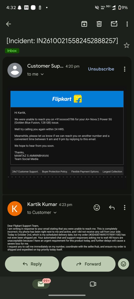 KartikKumar2509's tweet photo. @FlipkartSupport This is a completely fake update! You sent an email saying you couldn't reach me, but my phone was active right next to me and no call was made. Today is October 2nd (my delivery date), and the order hasn't even been shipped yet! Order ID: #OD438746951974091100 https://t.co/Ute6D4opSB