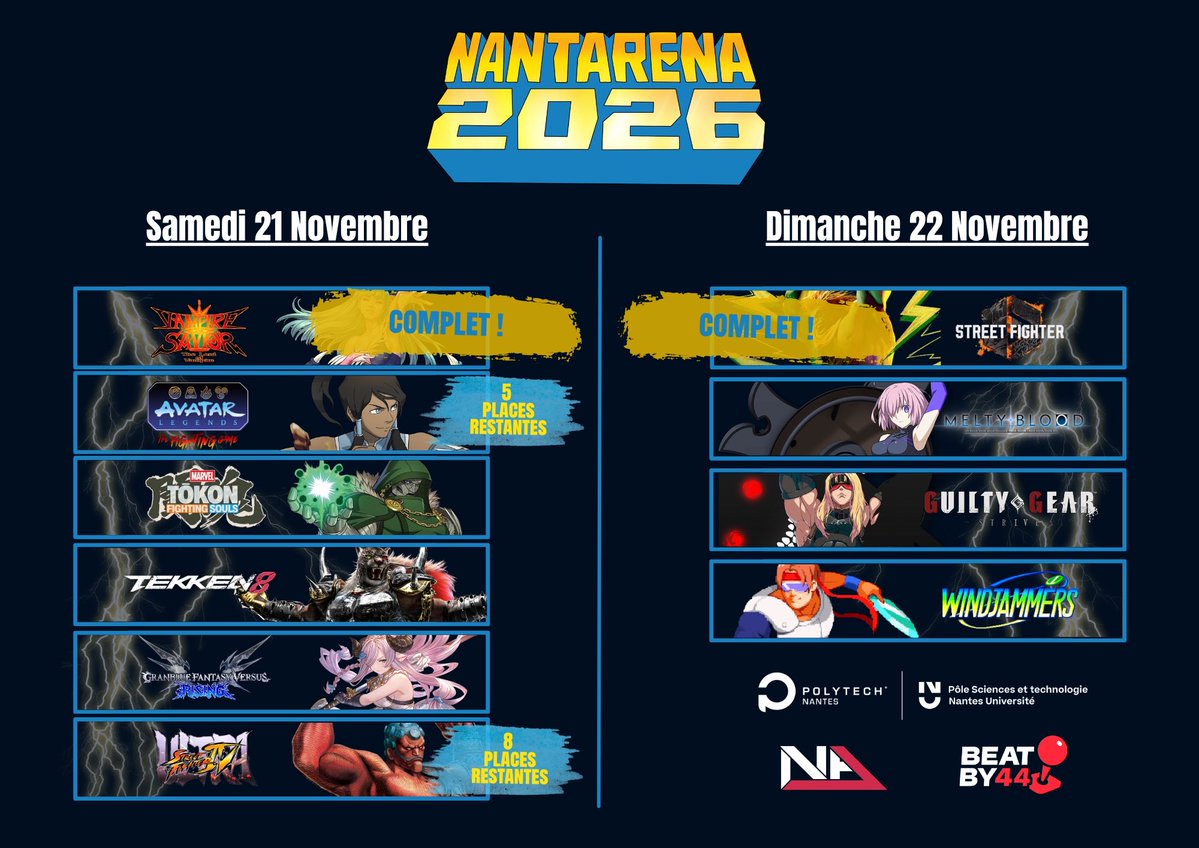 Beatby44's tweet photo. Update des inscriptions ! 👇

Vampire Savior COMPLET ✅

Avatar &amp; USF4 Dernières places disponibles ! ⚠️

Il reste encore de la place sur les autres tournois, prenez votre billet avant qu'il ne soit trop tard ⏰ https://t.co/7nmIN5Pe15
